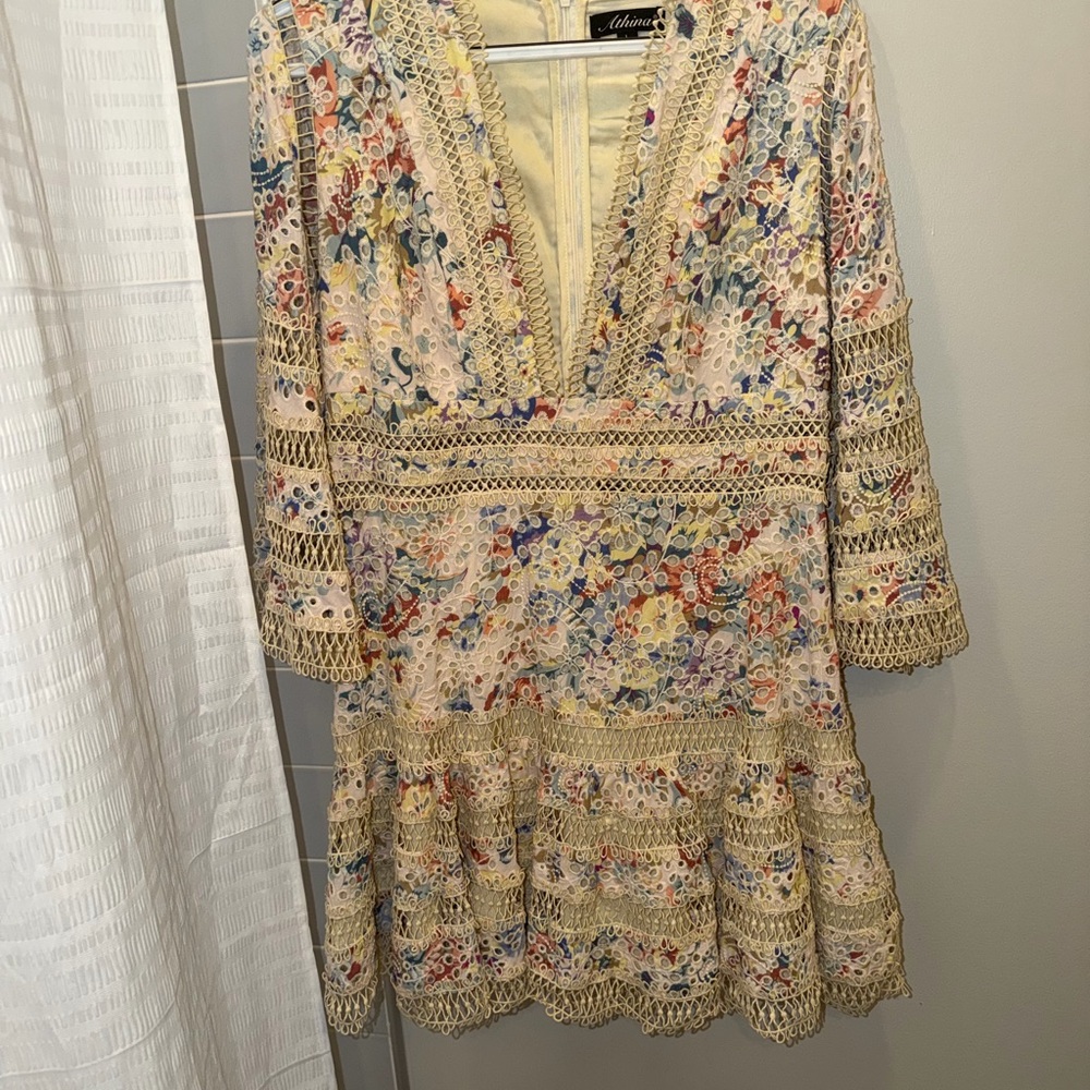 Cream Lace Mini Dress with Multicolor Floral Print